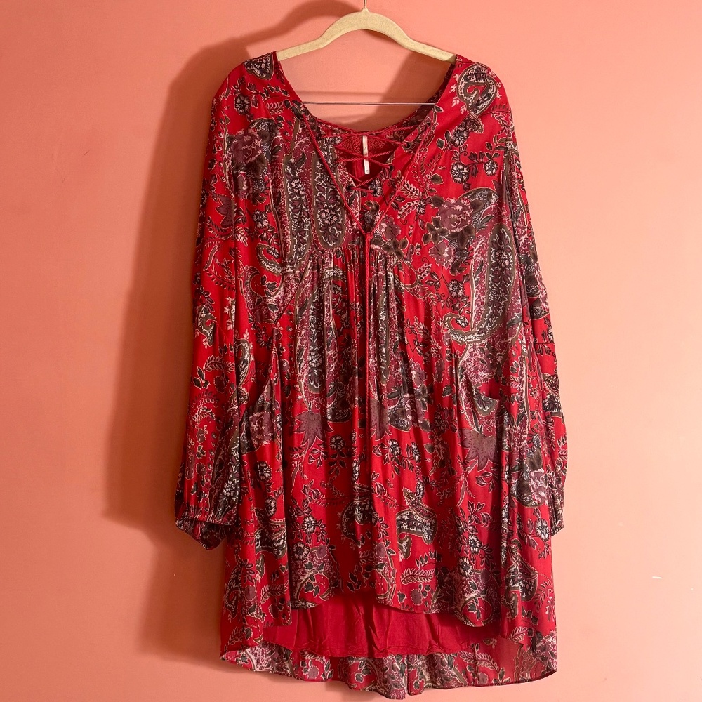 Free People Mini DressTunic, red with pattern. Medium.